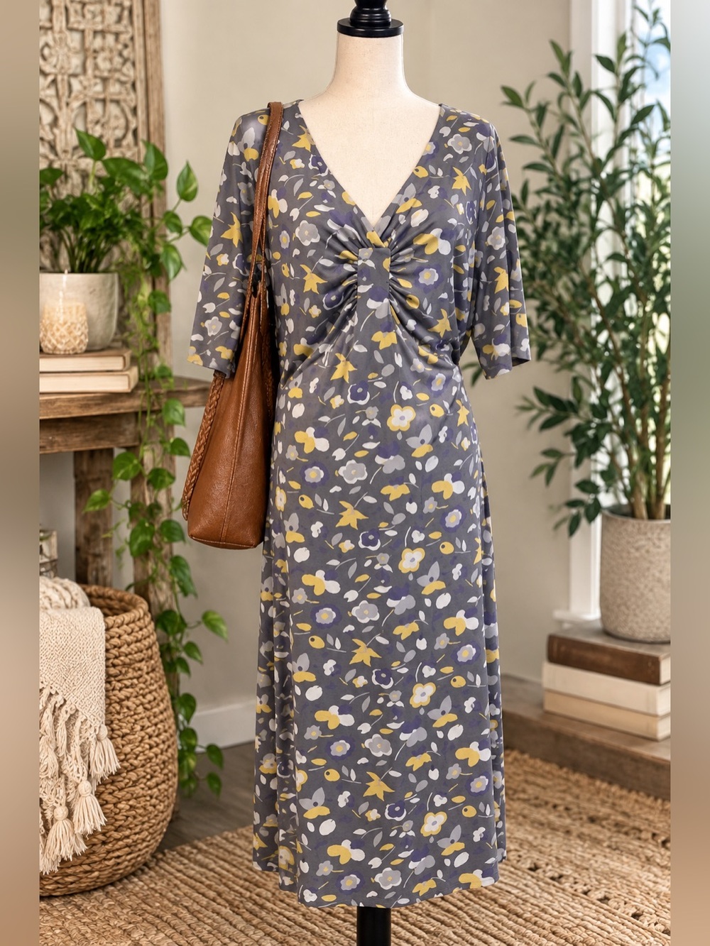 Boden Floral Twist Front Midi Dress Size 16R Gray Yellow Lyocell